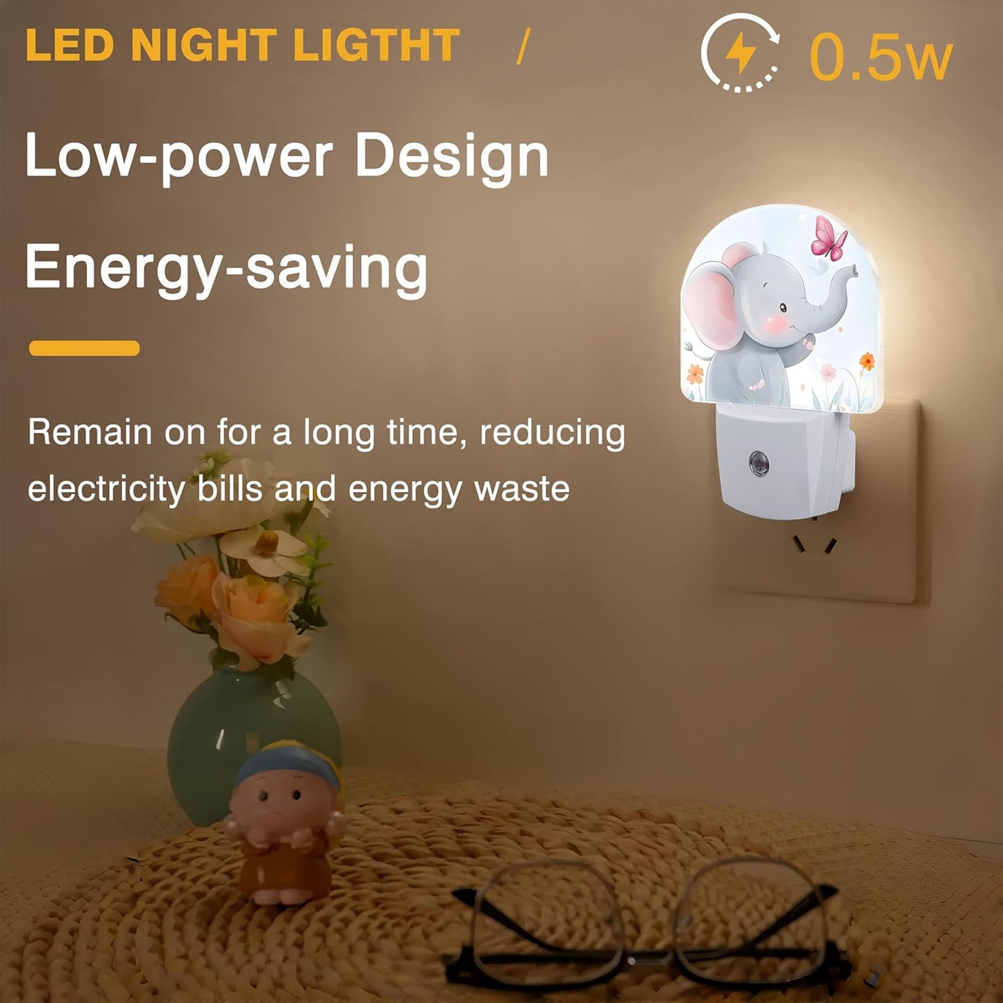 Floral Night Lights Plug into Wall Cute Elephant and Pink Butterfly Night Light Dusk to Dawn Smart Sensor Decorative Round Led Lamp for Bedroom Kitchen Hallway Nightlight for Women Men
