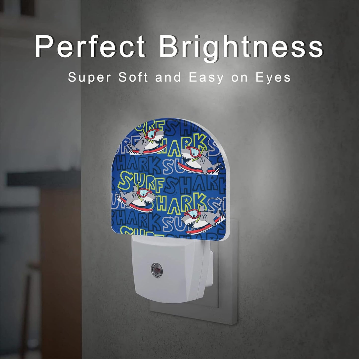 Cartoon Surfing Sharks Night Light, Cool Cute Shark Dusk to Dawn Night Light Plug in,0.5w Energy Saving Sleep Friendly Nightlights for Kids Boys Girls Home Decor