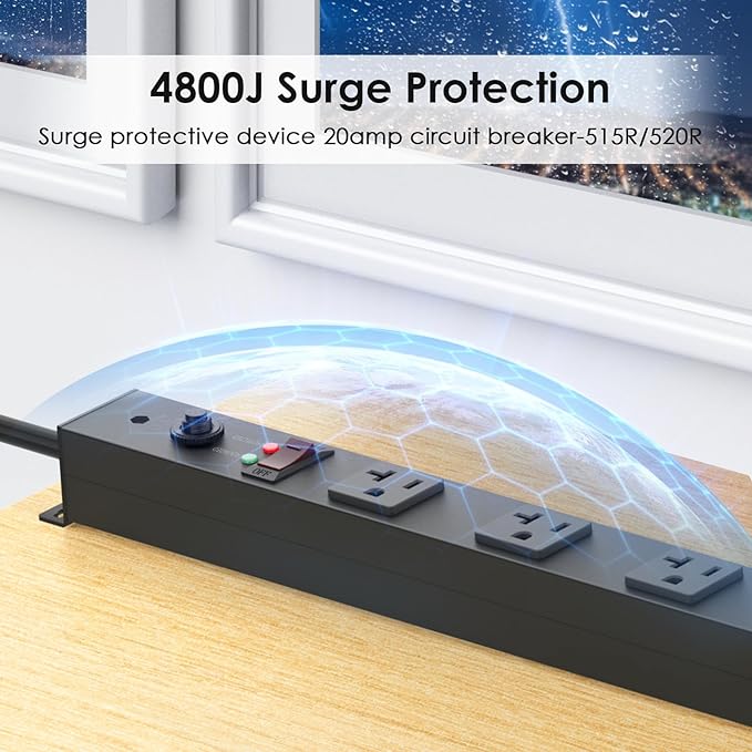 JUNNUJ Long Metal 16 Outlet Power Strip, Heavy Duty Power Strips Surge Protection 4800J with Circuit Breaker, 20a Wide Spaced Socket Wall Mount 5-15P Adapter High Amp 6-20R T-Slot 10FT Extension Cord