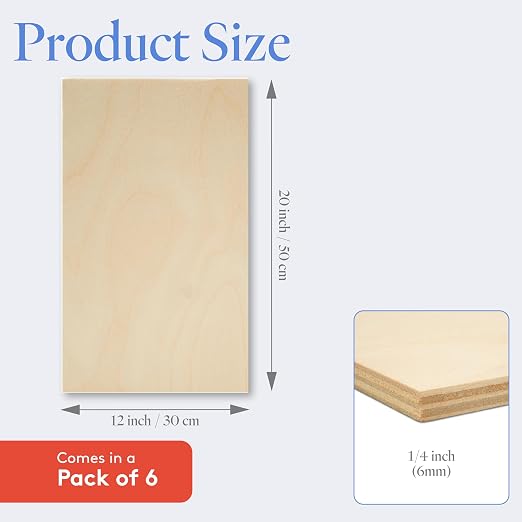 6 mm Baltic Birch Plywood 1/4 x 12 x 20 Inch, Box of 6 B/BB Grade Craft Wood