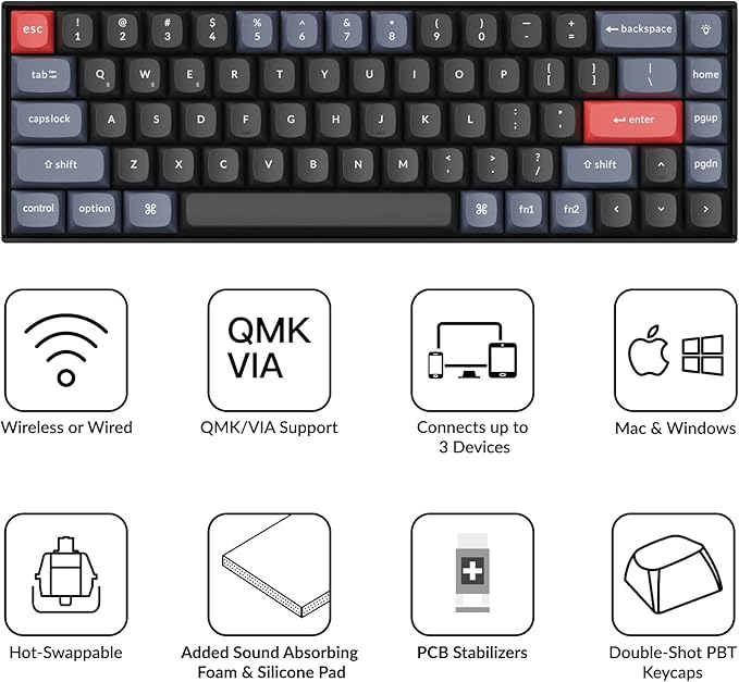 Keychron K6 Pro Wireless Custom Mechanical Keyboard, QMK/Launcher Programmable Macro, Hot-Swappable Keychron K Pro Red Switch Keyboard, 65% Layout White Backlit Office Keyboard for Mac Windows Linux
