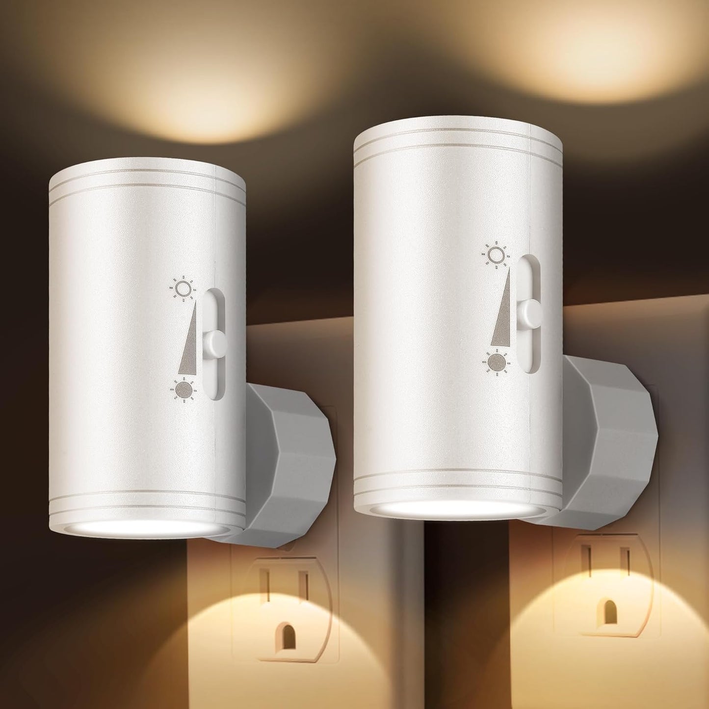 LED Plug-in Wall Night Light with Dimmable 0-300 Lumens, 3000K Soft White, Auto On/Off Light Sensor & Adjustable Head for Hallway, Stairs, Bedroom,2 Pack
