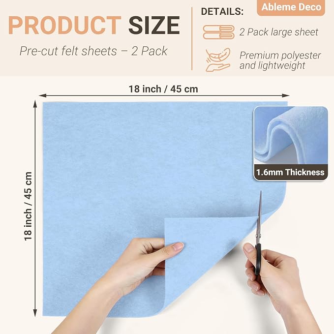 Light Blue Felt Fabric Sheets 18" x 18" 1.6mm Soft Craft Felt | Soft Precut