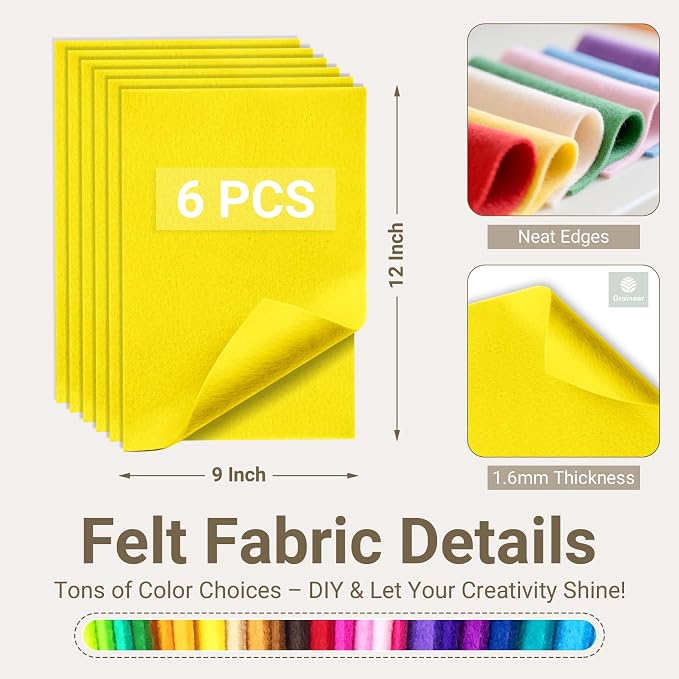 Yellow Soft Felt Sheets for Crafts, 1.6mm Thick, Kids' Crafts, DIY Projects