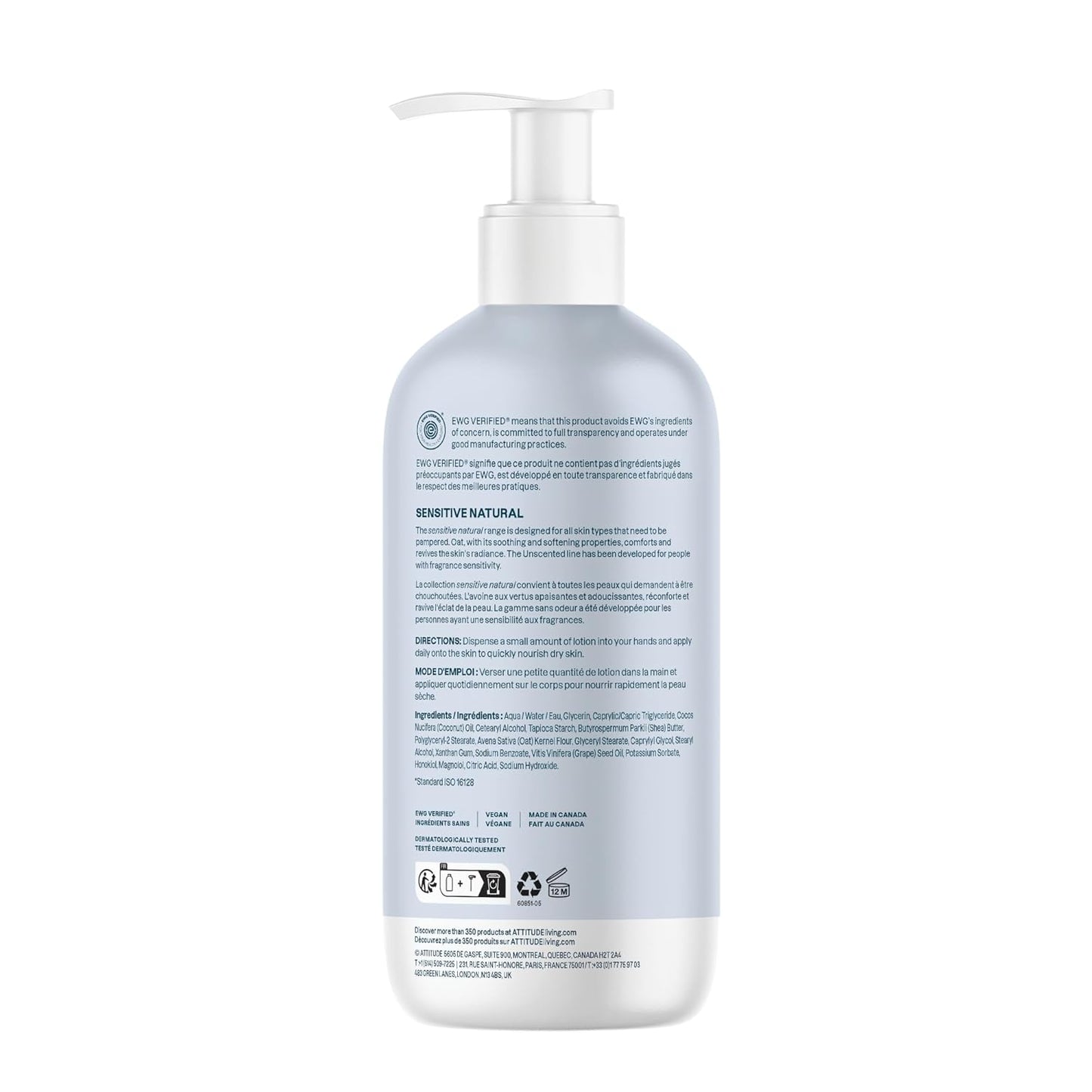 ATTITUDE Body Lotion for Sensitive Skin with Oat, EWG Verified, Dermatologically Tested, Vegan, Extra Gentle, Unscented, 16 Fl Oz