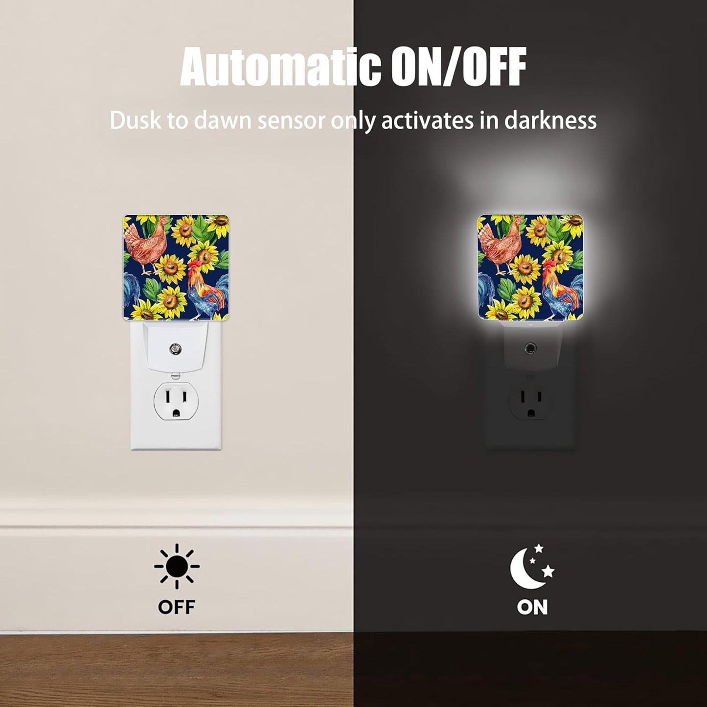 Retro Hen Rooster Night Light, Sunflowers Plug into Wall with Dusk to Dawn Light Sensors, Warm Nightlights for Bedroom, Bathroom, Hallway, Kitchen, Gifts Ideal for Boys Girls Women Men