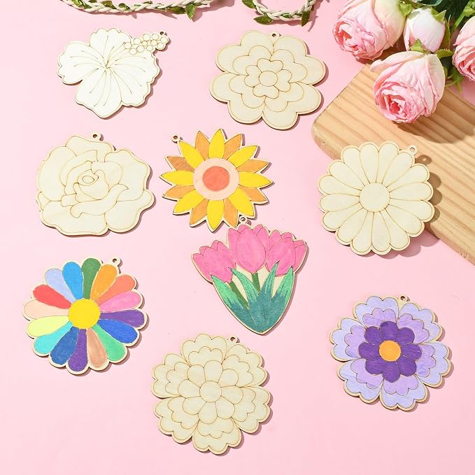 16 pcs Mixed Styles Cute Flower Theme Undyed Wood Cutout Charms Spring