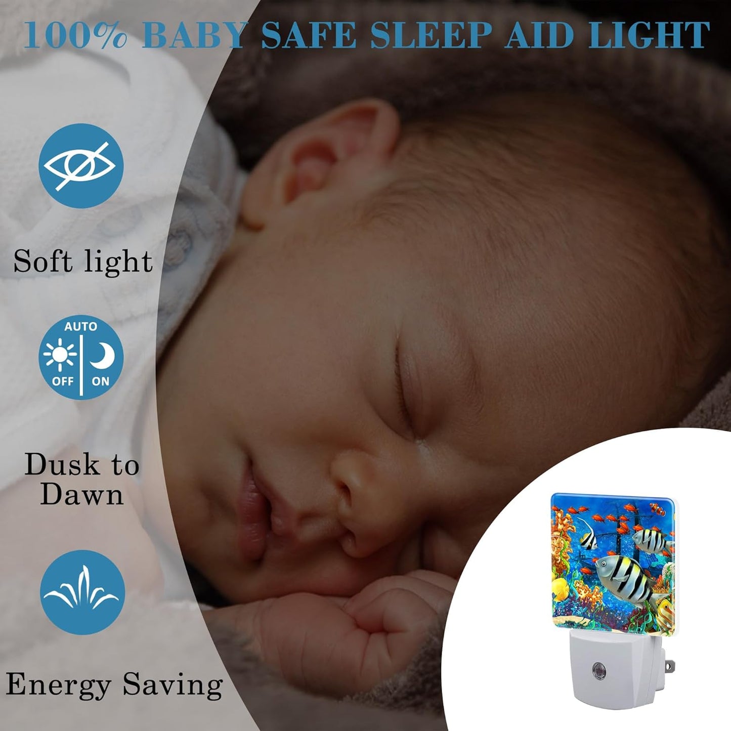 Cartoon Colorful Underwater World Night Light Plug into Wall with Dusk to Dawn Sensor Cute Nightlight for Kid Girls Boys Women Men Room Decor, Hallway, Kitchen, Bathroom, Nursery, Stairs
