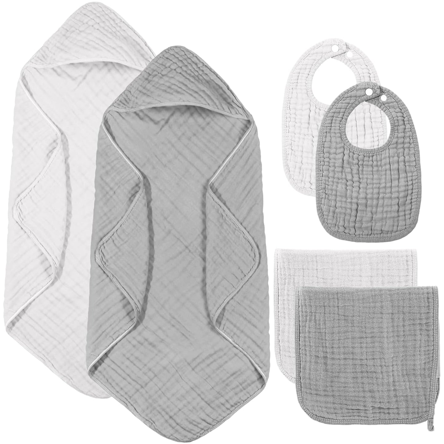 6 Pcs Muslin Hooded Bath Towels Washcloths and Bibs Set, Muslin Cotton Baby Towels Absorbent Hooded Blanket Towel Infant Bibs for Boys Girls Newborn Infant Essentials(White, Light Gray)