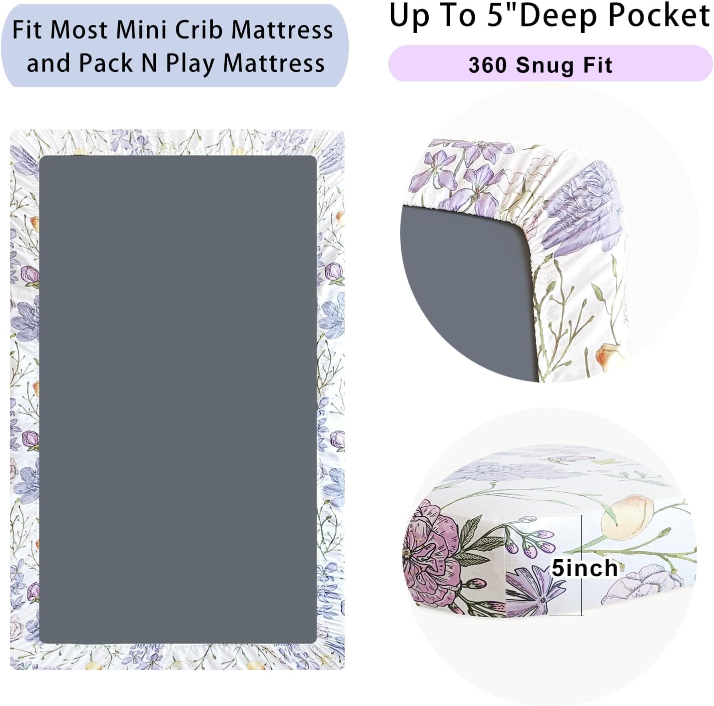 AMROSE 3 Pack Soft Mini Crib Sheets, Microfiber Pack N Play Sheets Set for Baby Girls, Silk Touch Gentle Playard Sheet Portable Crib Sheet, Violet