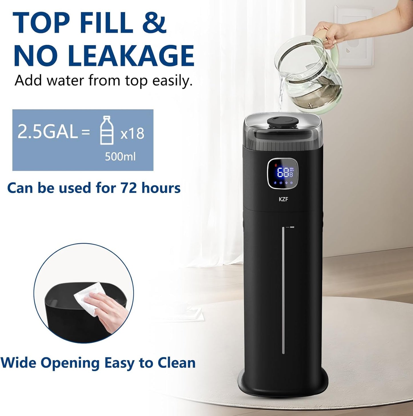 KZF Large Humidifier for Bedroom, 9L/2.5Gallon Ultrasonic Cool Mist Humidifier with Humidistat, 360°Nozzle, 350ML/H Big Mist Level, Suitable for Kids Room Livingroom Yoga Office Plant