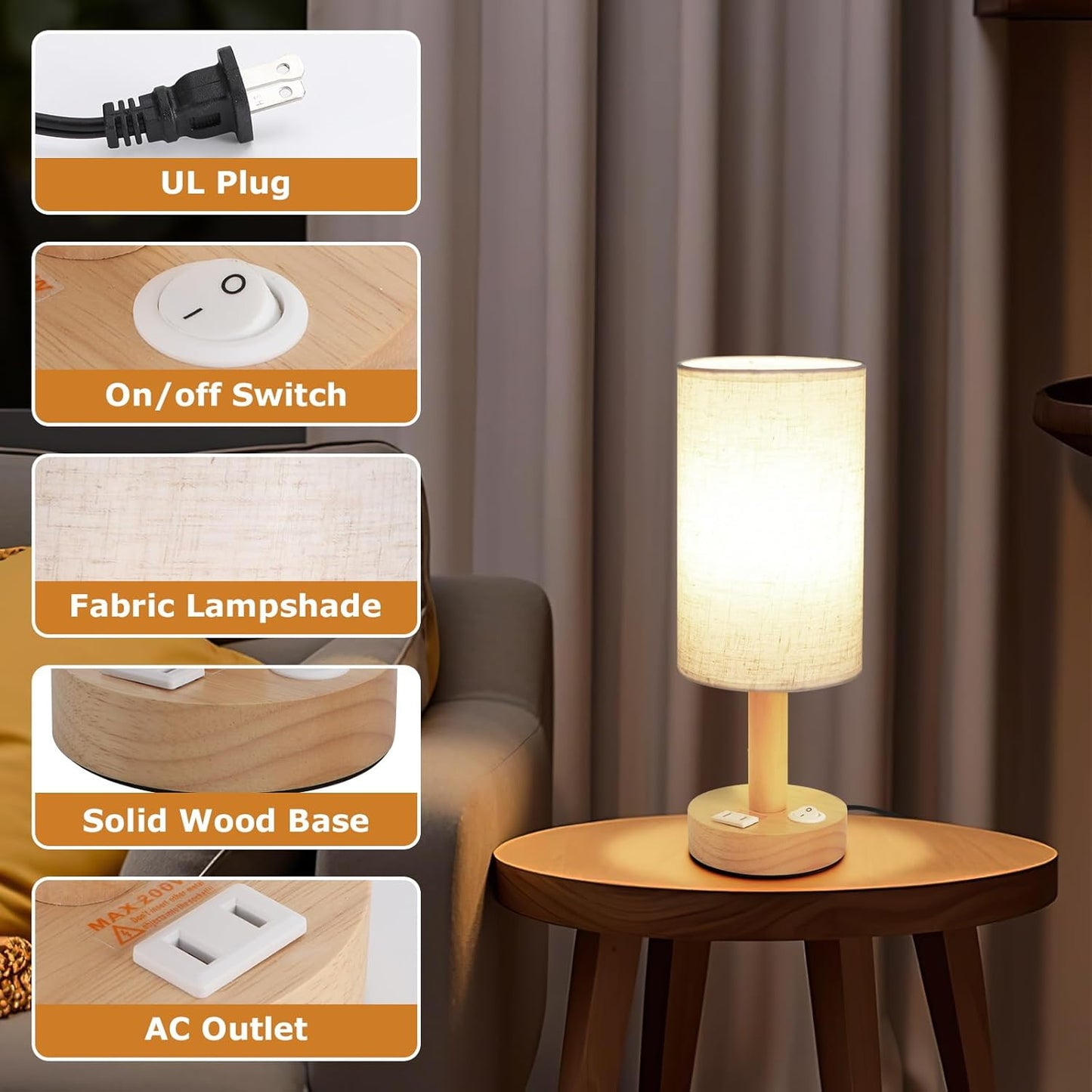 Small Bedside Table Lamp with AC Outlet, Natural Wood Base & Linen Shade, Mini Cute Cozy Warm White Nightstand Boho Lamp, Study Desk Night Stand Light for Bedroom, Kitchen, Nursery, Living Room