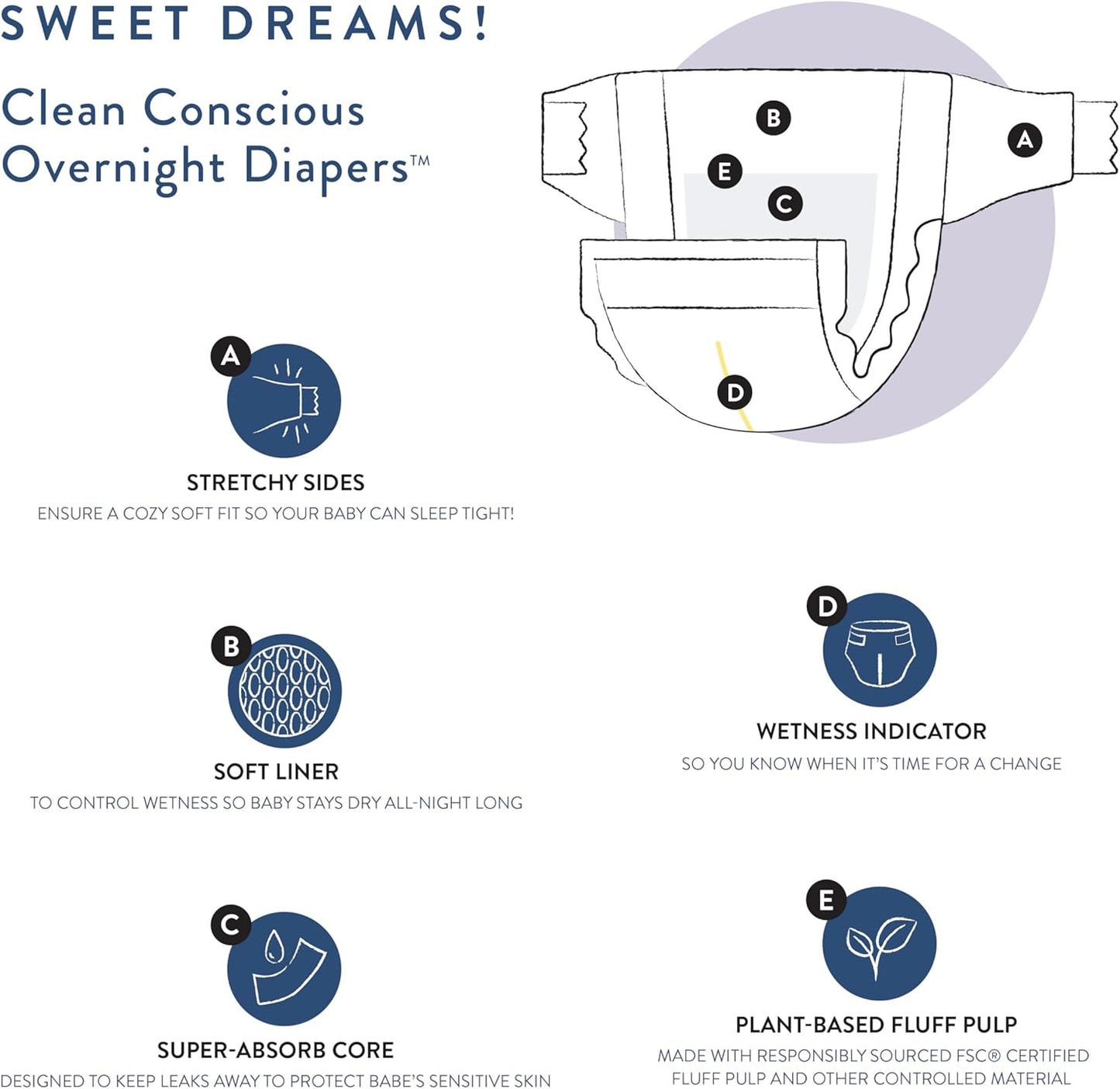 The Honest Company Clean Conscious Overnight Diapers for Sensitive Skin, Hypoallergenic Fragrance-Free Baby Diapers, Cozy Cloud and Star Signs Design, Club Box, Size 3 (16–28 lbs), 52 Count