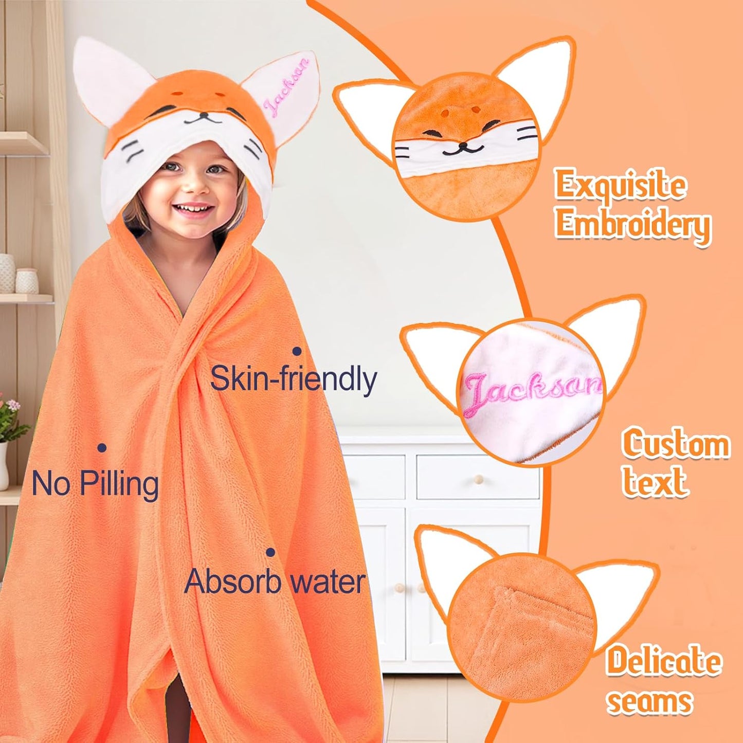 Custom Hooded Baby Towel with Name, Soft and Absorbent Customized Fox Toddler Towels, Baby Bath Towel for Boys and Girls, Easter Birthday Towel for Kids，Babies, Toddlers, Newborns Essential