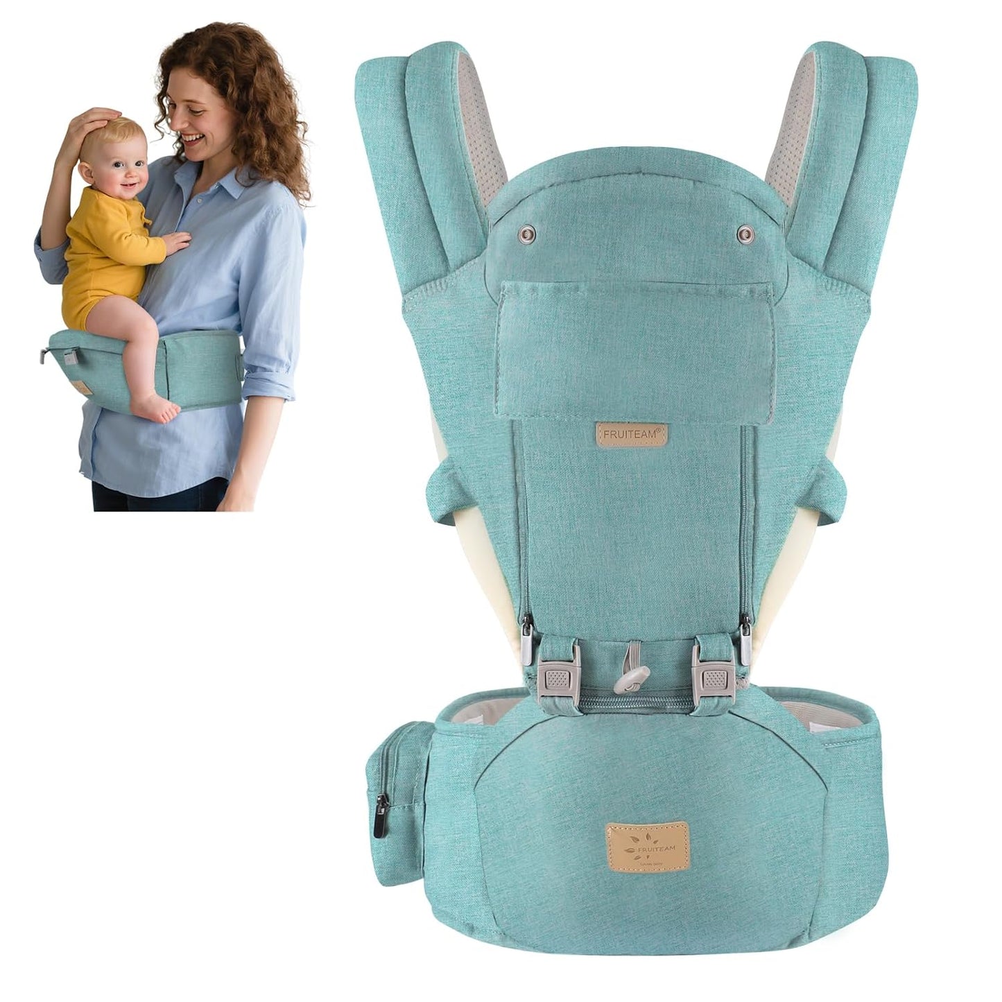FRUITEAM 6-in-1 Baby Carrier with Waist Stool/Hip Seat, One Size Fits All -Adapt to Newborn, Baby Hip Carrier for Breastfeeding, Infant & Toddler (Green)