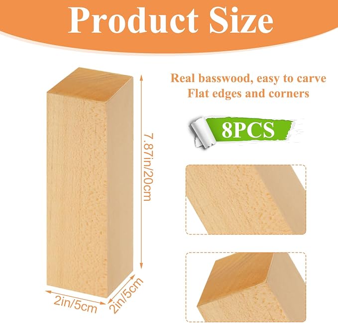 Acrux7 8 Pack 8 x 2 x 2 Inch Basswood Carving Blocks, Natural Unfinished Bass