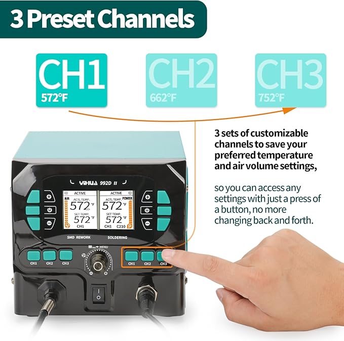 YIHUA 992D-II 2-IN-1 Precision Soldering Kit with Hot Air Pencil and C210 Soldering Iron, Precision Soldering Station with Dynamic LCD Display, Low-Wear Mode, 3 Preset Channels, 8 Hot Air Nozzles