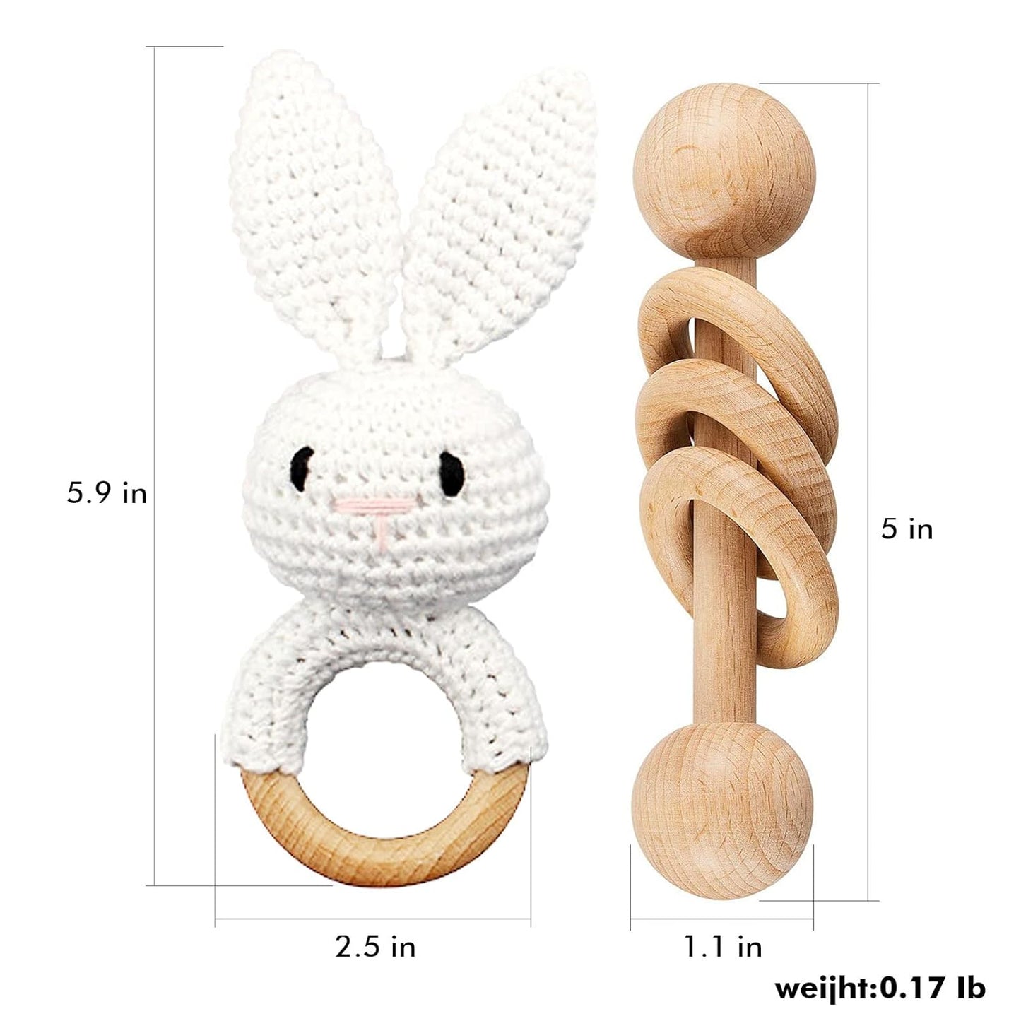 Wooden Baby Rattle, Crochet White Bunny Rattle and Wood Rattle Set, Newborn Wooden Animal Rattle Toy, Baby Wooden Rattle Toy 2PCS