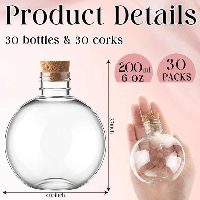 Jinei 30 Pcs 6 oz 200ml Ball Shape Plastic Sand Art Bottles Spherical Clear
