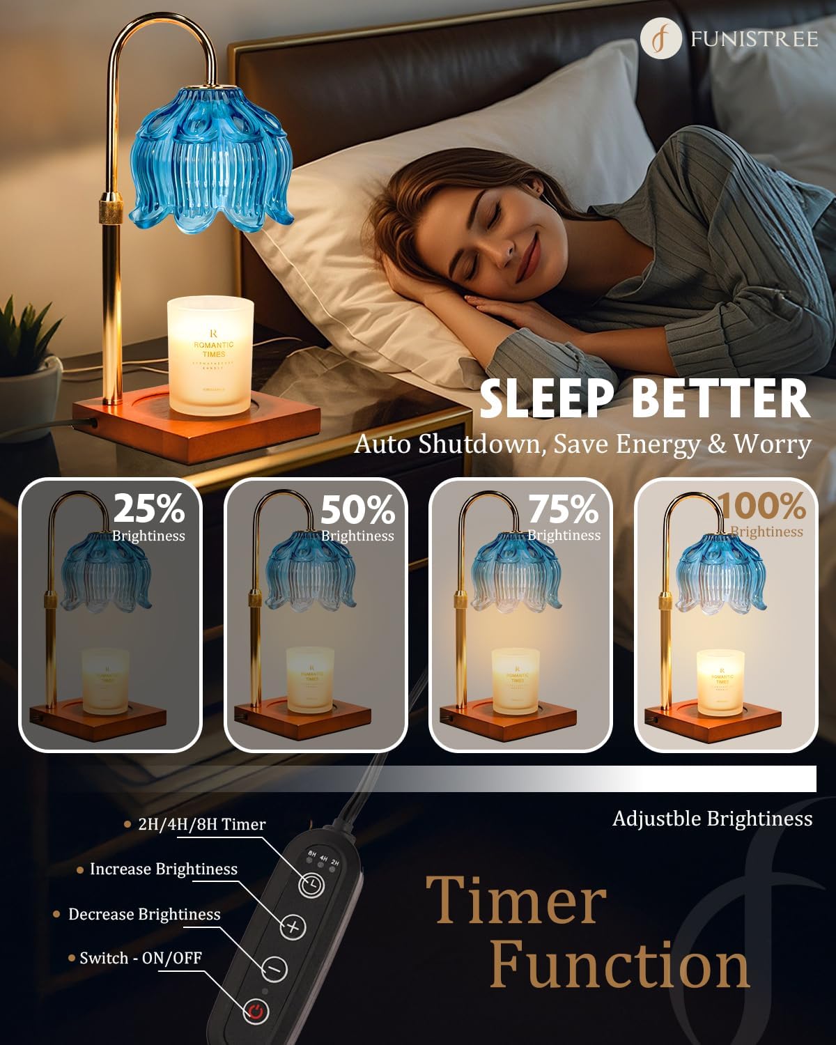 Blue Candle Warmer Lamp with Timer Dimmable, Adjustable Height Gifts for Women Mom Birthday Christmas, House Warming Gifts New Home Bedroom Decor, Lotus Flower Candle Lamp Warmer for Jar Candle