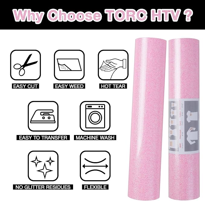 TORC Pink Glitter HTV Heat Transfer Vinyl Large Roll 12 inch x 20 ft Sparkly