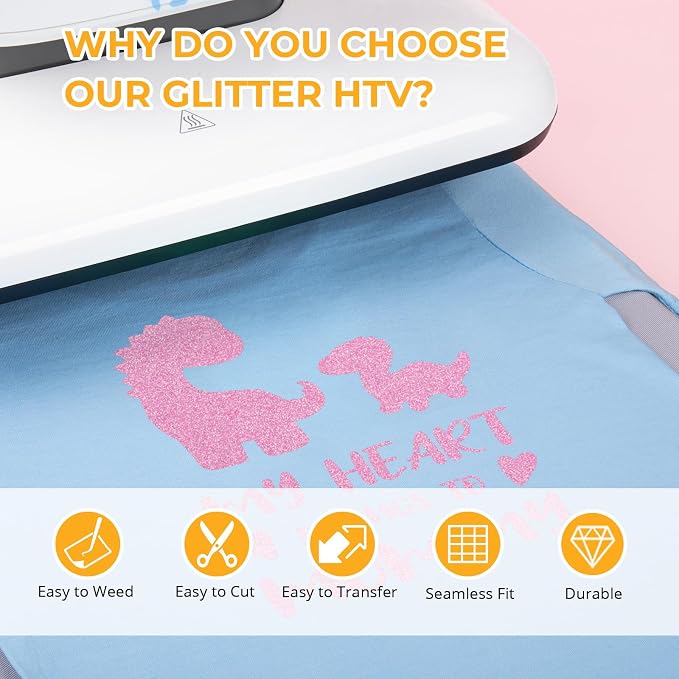 HTVRONT Pink Glitter HTV Vinyl- 10” x 5ft Pink Glitter Iron On Vinyl | Pink