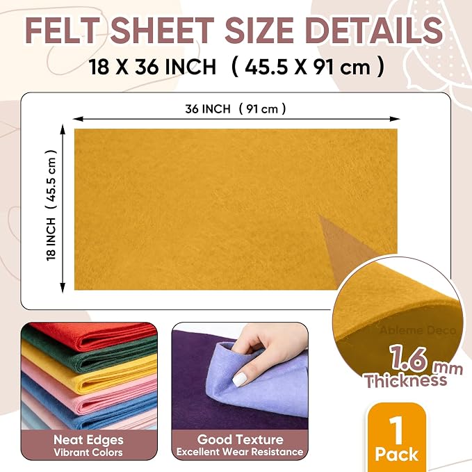 Soft Felt Fabric Sheet 18" x 36", 1.6mm Acrylic Craft Felt, Large Precut Sheet