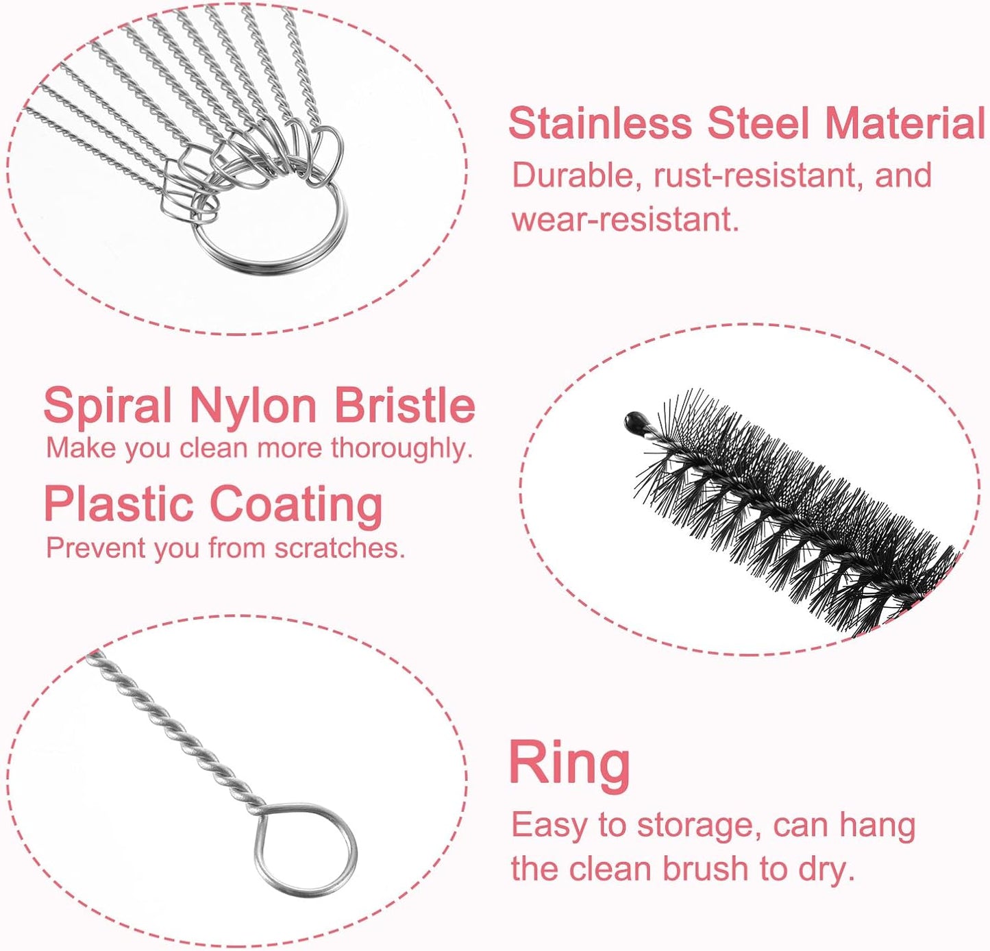 uxcell 2 Set of Straw Cleaner Brush, 8.3 Inch Nylon Tube Pipe Cleaners Set, 20Pcs Stainless Steel Long Straw Brush for Drinking Straw, Bottle, Tube, Cup, Black