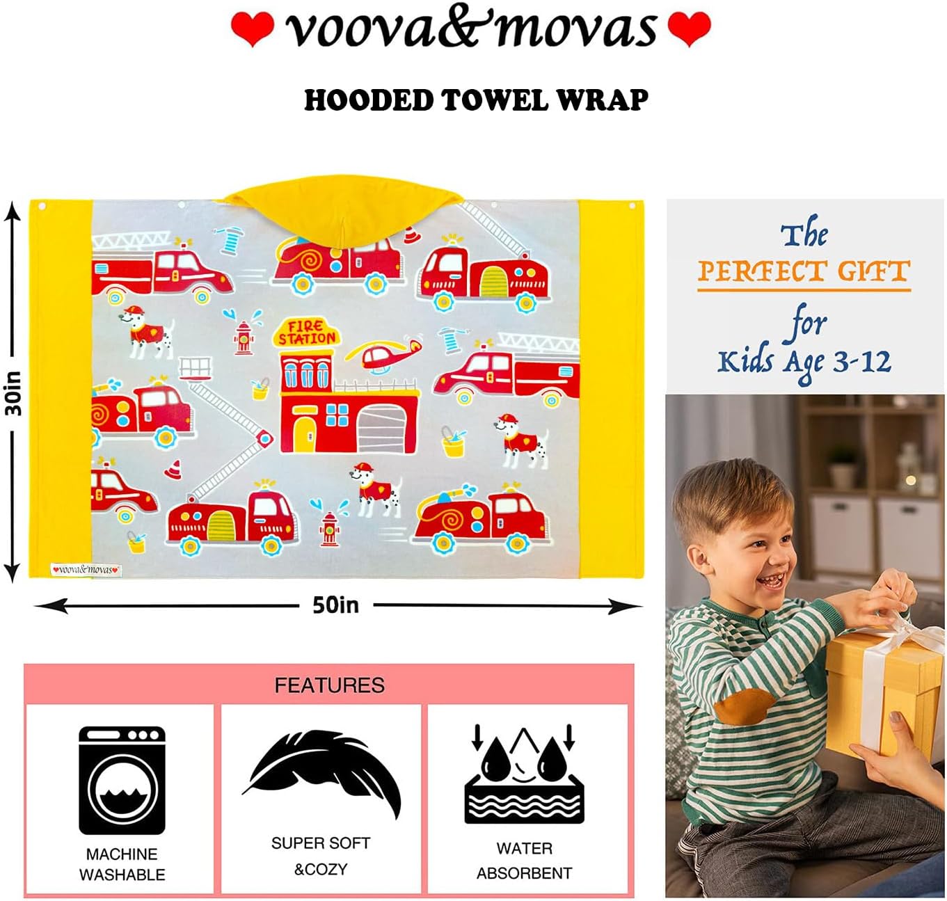 VOOVA & MOVAS Kids Bath Towels for Boys, Ages 3-10, 30''X50, | Soft Thick Absorbent Cotton, Beach | Pool | Bath Hooded Towels, Yellow Fire Truck