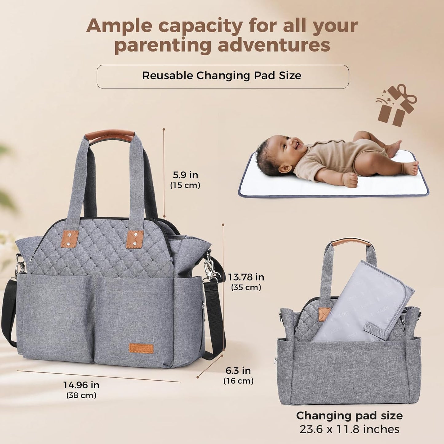 Lekebaby Diaper Bag Tote, Large Diaper Bags Waterproof,Large Mommy Bag Tote Bag Handbag Pink Travel, Black and Beige
