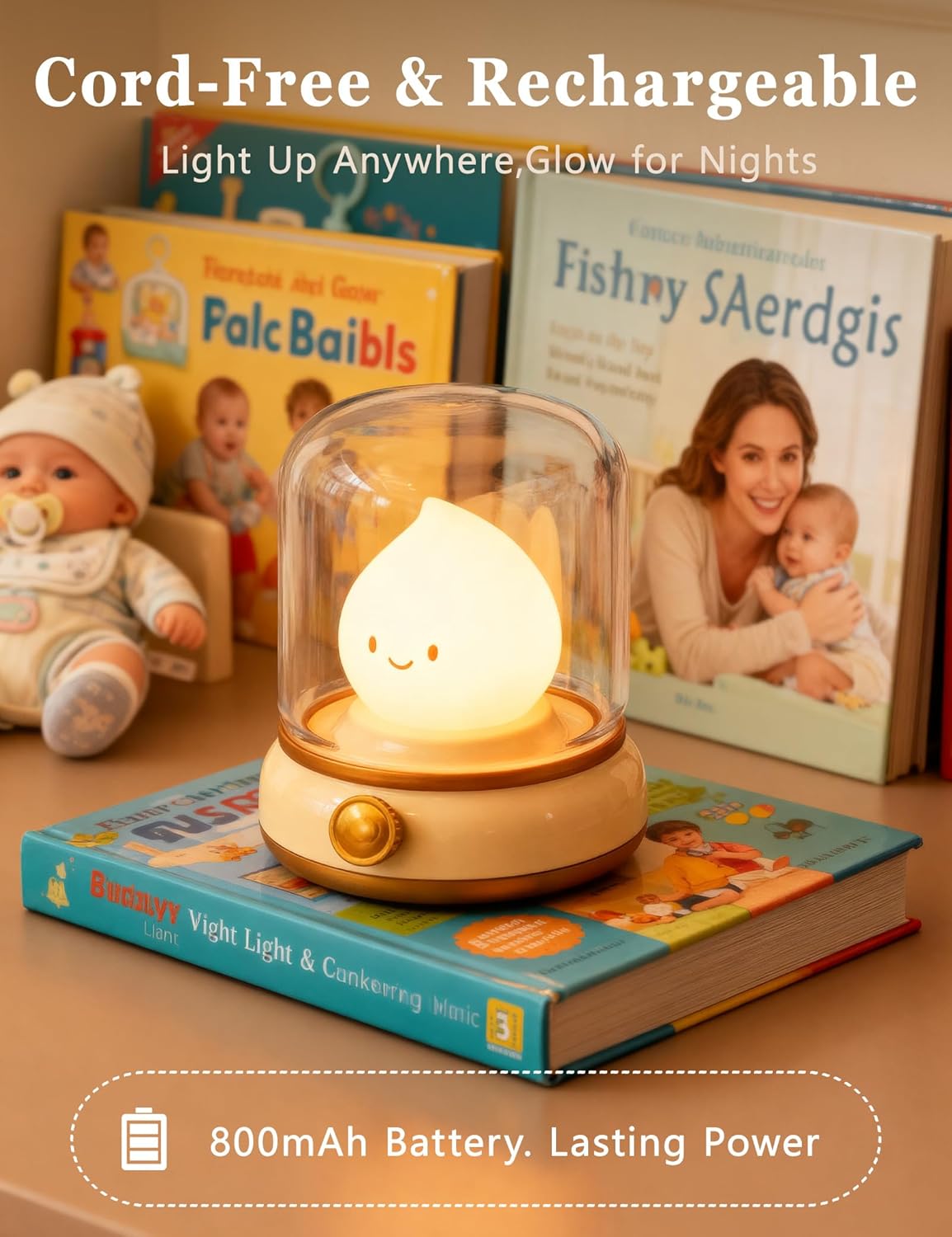 Smiley Night Light for Baby Nursery, Eye Caring Mood Lighting, Rechargeable Silicone Flame Nightlight, Cute Care Lamp Birthday Gifts for Mom, Kids, Toddler