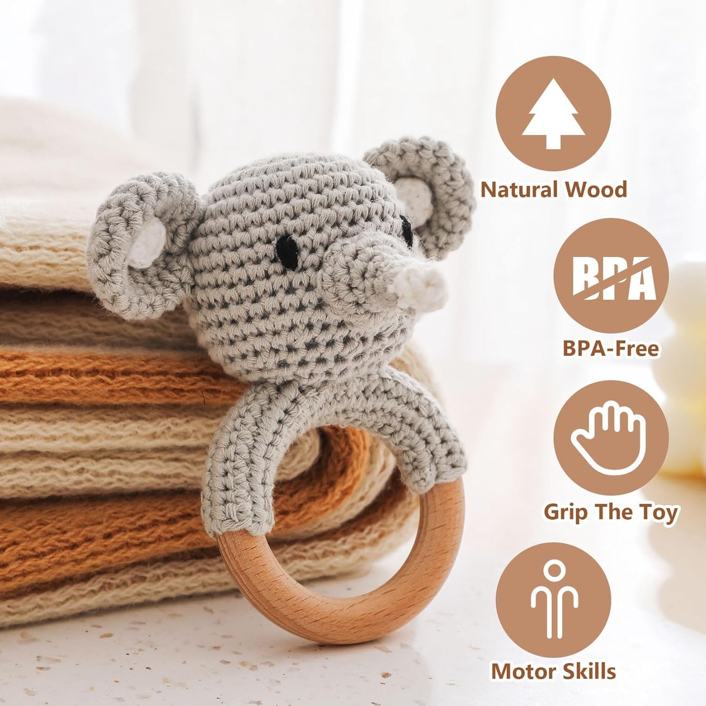 Wooden Baby Rattle，Crochet Elephant Rattle with Wood Ring, Newborn Wooden Animal Rattle Toy，Infant Elephant Wood Rattle Toys