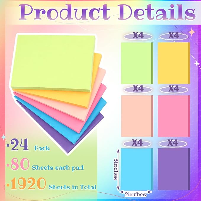 Kajaia 24 Pads Full Adhesive Sticky Notes Colorful Sticky Notes Adhesive Memo