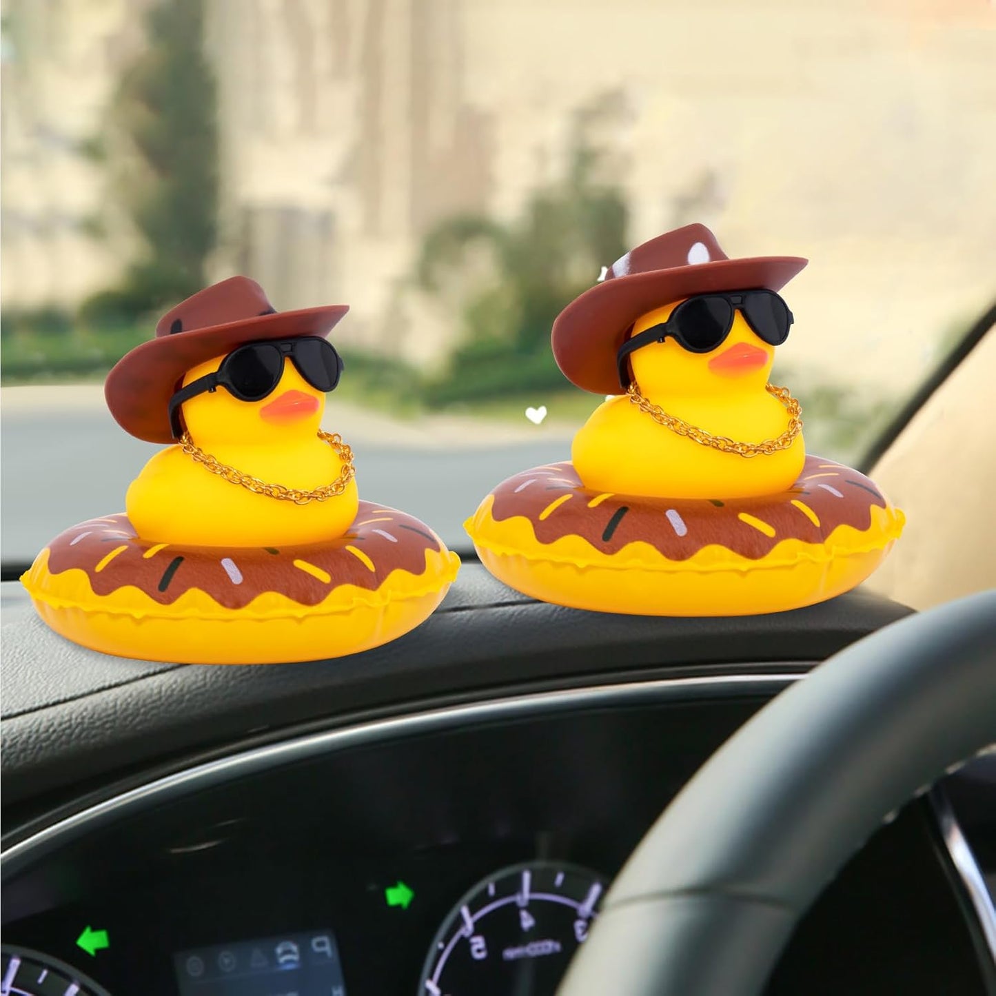 wonuu Car Rubber Duck, Yellow Duck Decoration Dashboard with Sun Hat Swim Ring Necklace Sunglasses for Car Dashboard Decorations, Black Spots Brown Cowboy Hat-Brown Donut