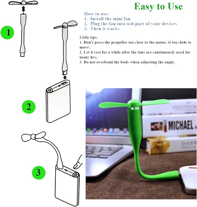 Mini USB Fan, Portable Pocket Fan USB-A Powered Little Cooler, Quiet Operation, for Home Office Car Outdoor Travel- 4 Pack (Green)