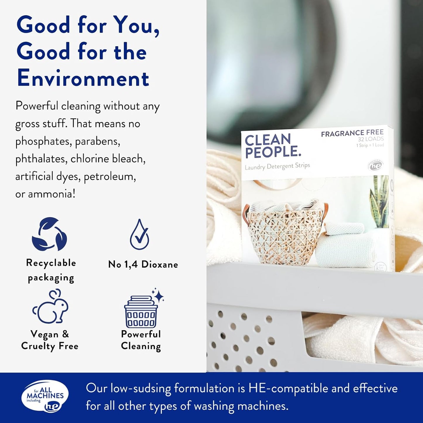 The Clean People Unscented Baby Laundry Detergent Sheets - Hypoallergenic - Ultra Concentrated, Recyclable Packaging, Fights Stains & Odors on Baby Clothes & Bedding - Fragrance Free, 96 Pack