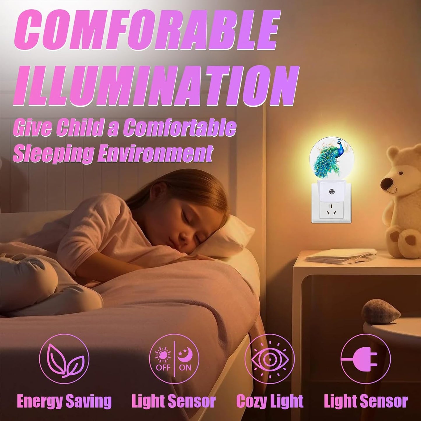 Watercolor Peacock Night Light Feather Night Lights LED Lamp Round Plug into Wall Nightlight with Dusk to Dawn Sensor Home Hallway Stairway Kitchen Decor