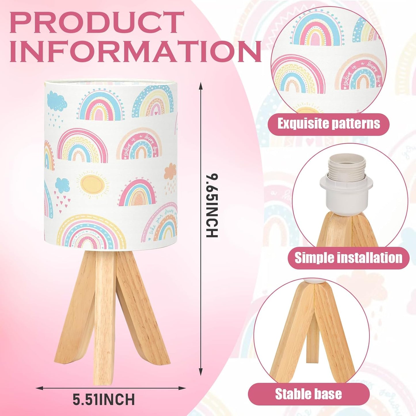 VIHOSE Rainbow Kids Tripod Table Lamp for Bedroom Kids Bedside Lamp with Linen Wooden Nightstand Cartoon Nursery Lampshade for Girls Boys Living Room