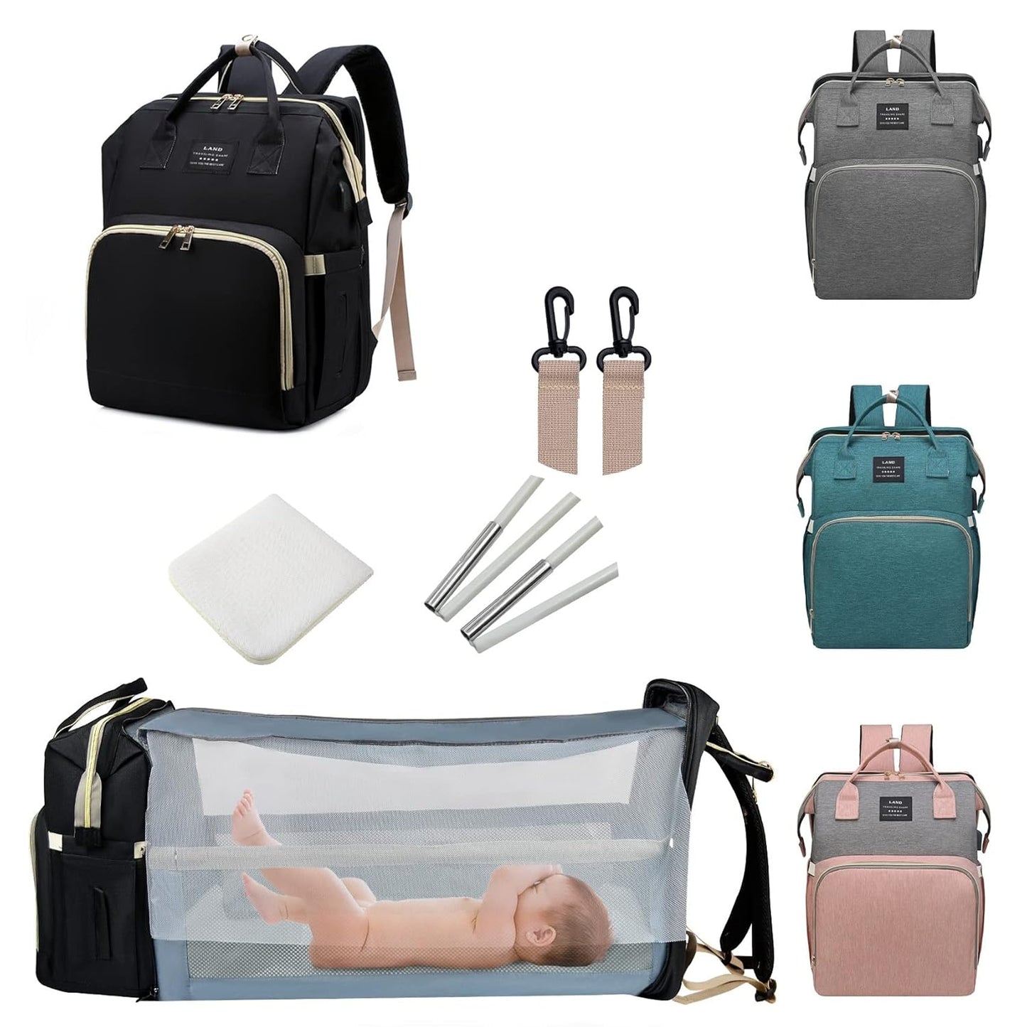 Diaper Bag with Changing Station,Diaper Bag Backpack,7 in 1 Travel Baby Diaper Bag,Mommy Bag With USB Charging Port (Black)
