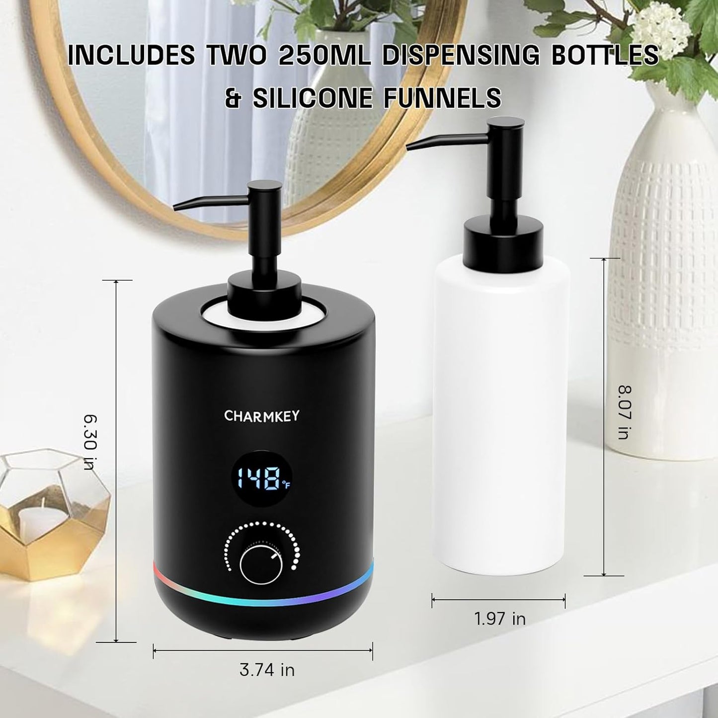 CHARMKEY Massage Oil Warmer Black, 2 Oil Bottle Dispensers & 2 Silicone Funnels, Digital Heater for SPA, Oil Lotion Cream for Salon, Barber Shops, Home