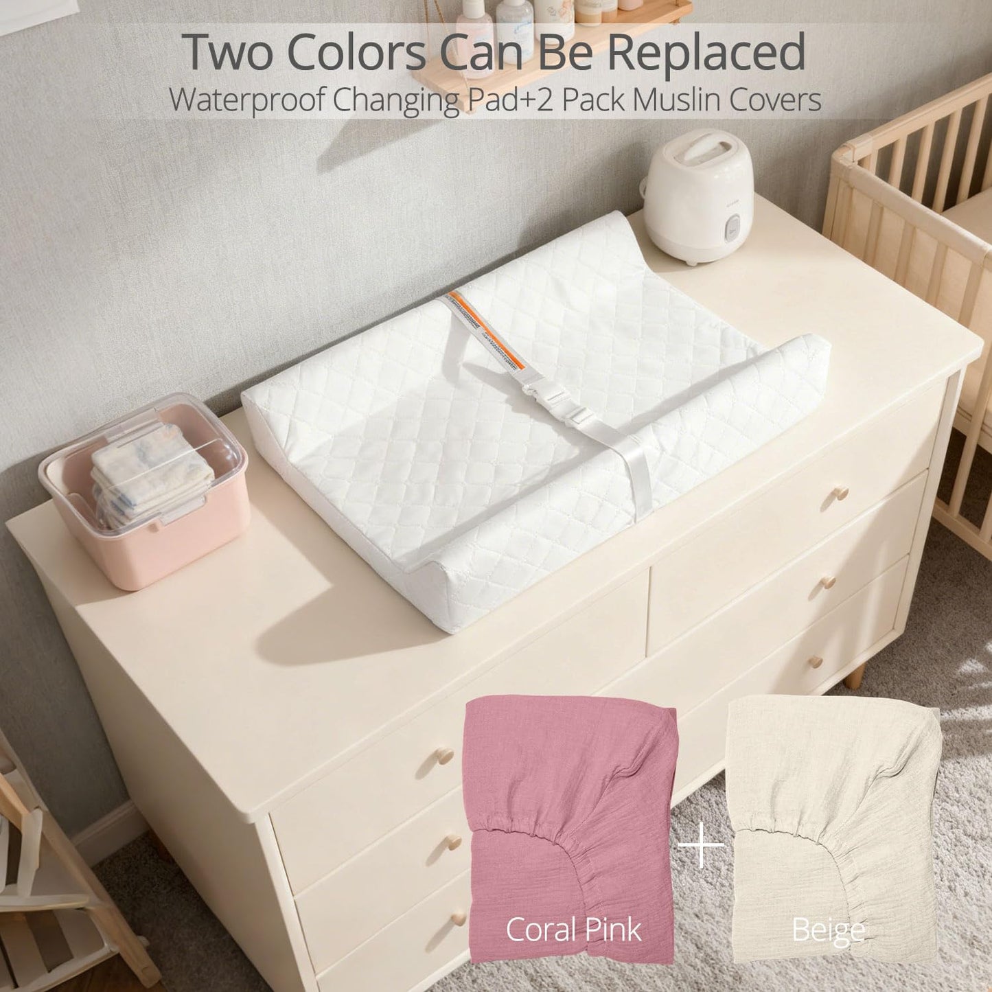 Muslin Baby Changing Pad, 2 Pack Muslin Soft Cotton Covers & Waterproof Lining Foam Diaper Changing Table Pad 32" x 16.6" Mat for Dressers
