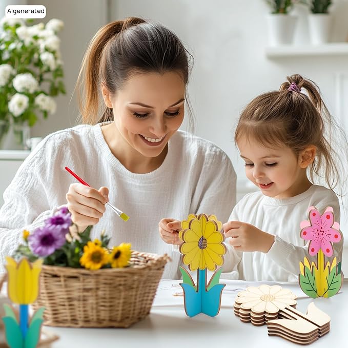 3D Wooden Flower Crafts to Paint, 4 Styles Flowers Ornaments