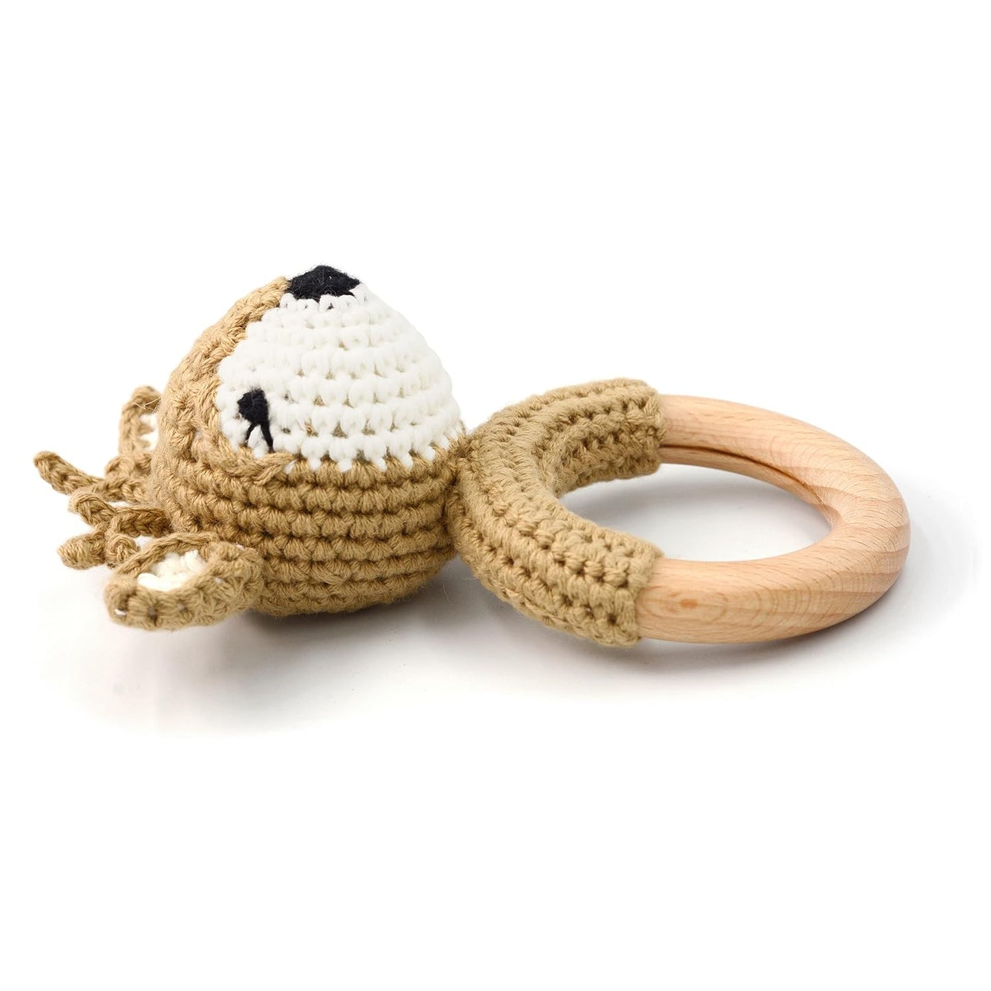 Joliecraft Woodland Friends Baby Rattle Shaker Toy with Wooden Teething Ring in White and Tan Deer