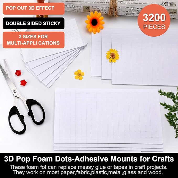 Zonon 16 Sheets Adhesive Foam Squares 3200 Pcs Double Sided Self Dots Precut