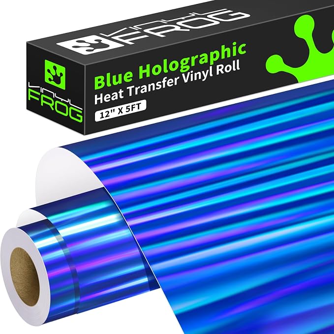 VINYL FROG Blue Holographic Heat Transfer Vinyl 12" x5ft Blue Metallic HTV