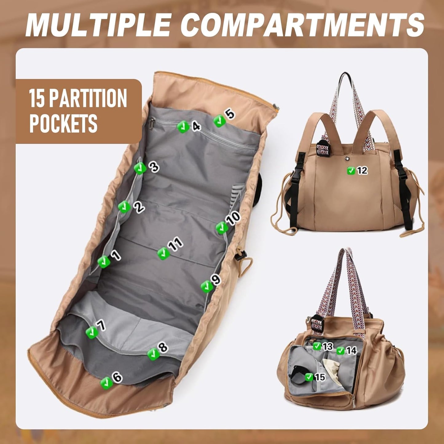 Multifunctional Travel Organizer Bag for Ladies - Doubles as a Stylish Backpack, Crossbody and Shoulder Bag, Boasts Great Storage Capacity(Khaki)