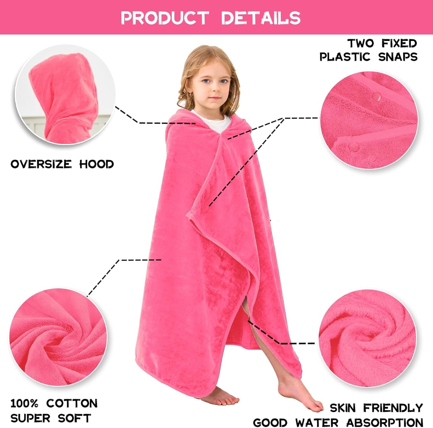 Hiturbo Kids Hooded Bath Towel: 100% Cotton Soft Thick Absorbent Towels Wrap - 50"x30" Shower Beach Pool Wearable Blanket for 3-12 Yrs Boys Girls - Pink