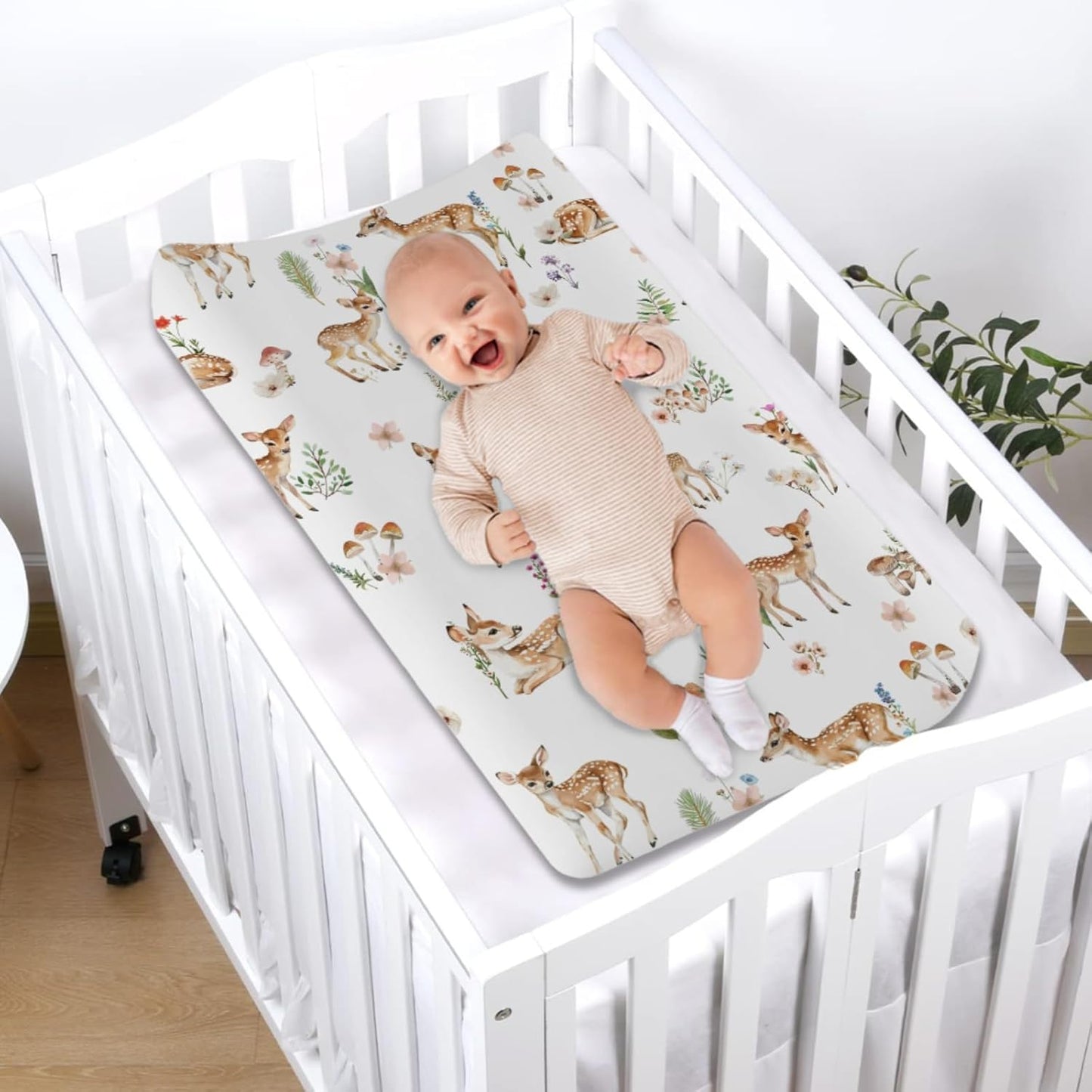 Spring Animal Changing Pad Cover Deer Mushroom Flowers Leaves Forest Baby Nursery Diaper Changing Pad Sheets for Boy Girl Soft Breathable Stretch Fitted Changing Table Sheets Mats 32''x16''