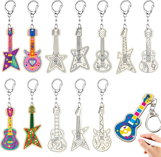 RattanView 24 Pcs Guitar Craft Color Your Own Keychains DIY Craft Wooden Blank