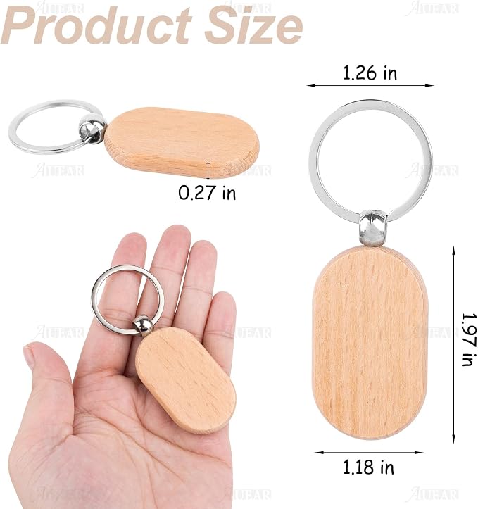 AUEAR, Blank Wooden Key Chain Wood Keychain Key Ring Key Tags Personalized EDC